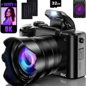 8K Digital Cameras for Photography with WiFi,Autofocus 88MP Vlogging Camera for YouTube with Dual-Lens,16X Digital Zoom Point and Shoot Camera,3.2''Touch Screen, Anti-Shake,2 Batteries &Charging Stand